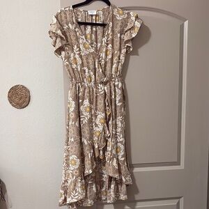 Sienna Sky Floral Brown and White Ruffle faux wrap Dress sz XS